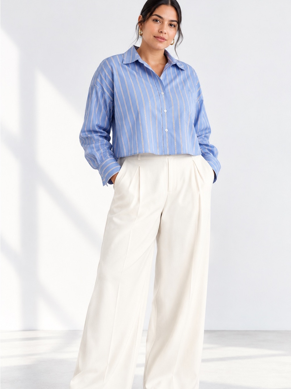 PHARAOH Blue Stripe Italian Cotton Stretch Cropped Button Shirt L